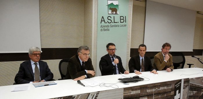 Da sinistra Enzo Fragapane, Ezio Ghigo, Gianni Bonelli, Angelo Penna, Diego Poggio Conferenza Stampa Università Torino ASL BI27012016